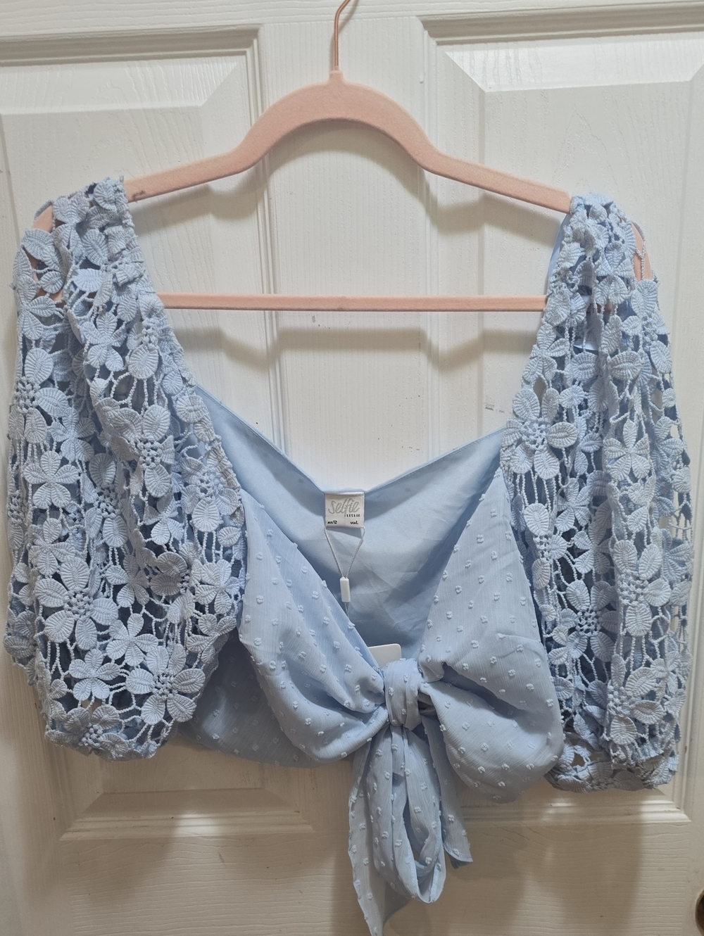 ​NWT Selfie Leslie Steel Blue Swiss Dot Tie Front Top Size L